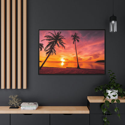 Tropical Serenity: Sunset Time Canvas Wall Art with Coconut Palm-Tree in Black Frame