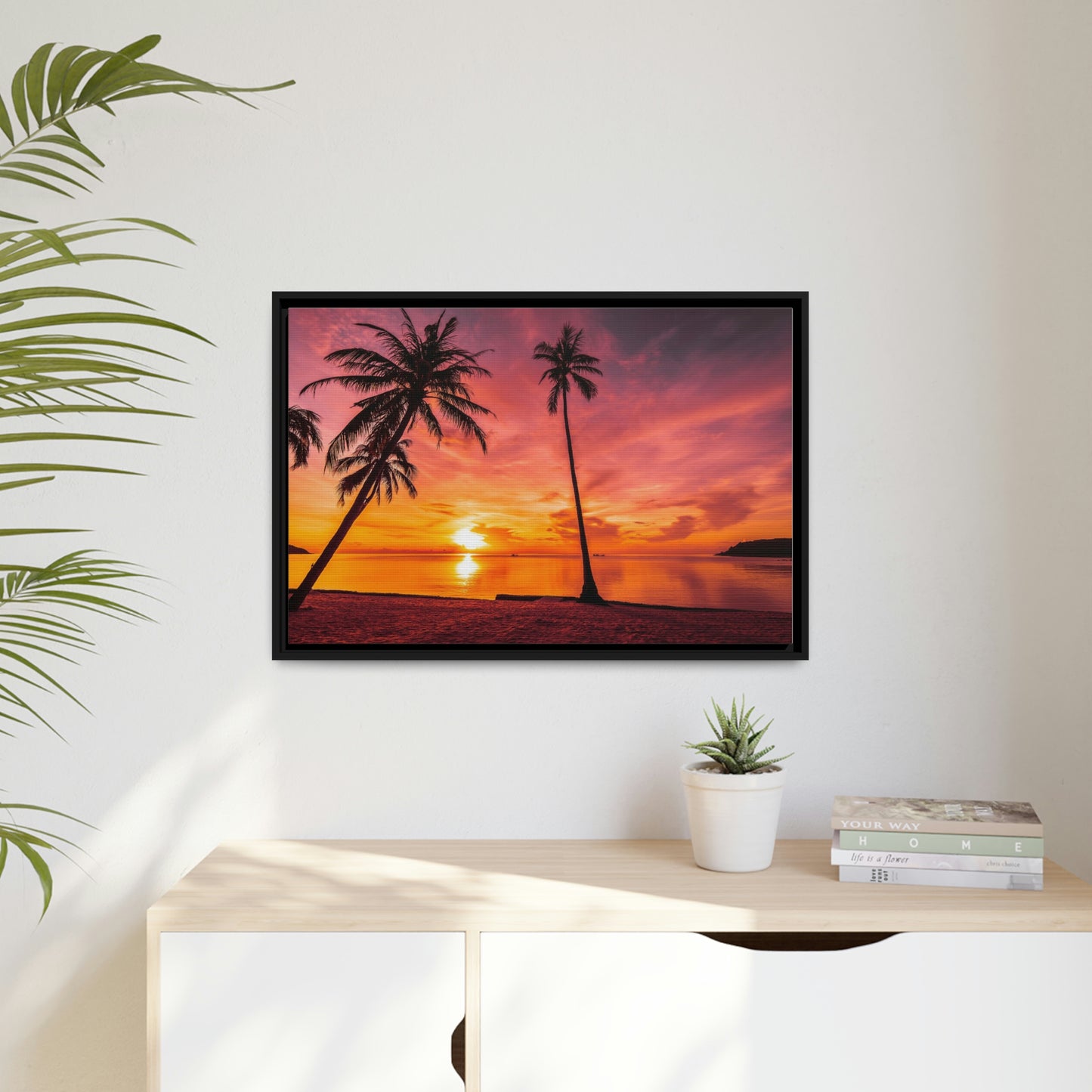 Tropical Serenity: Sunset Time Canvas Wall Art with Coconut Palm-Tree in Black Frame