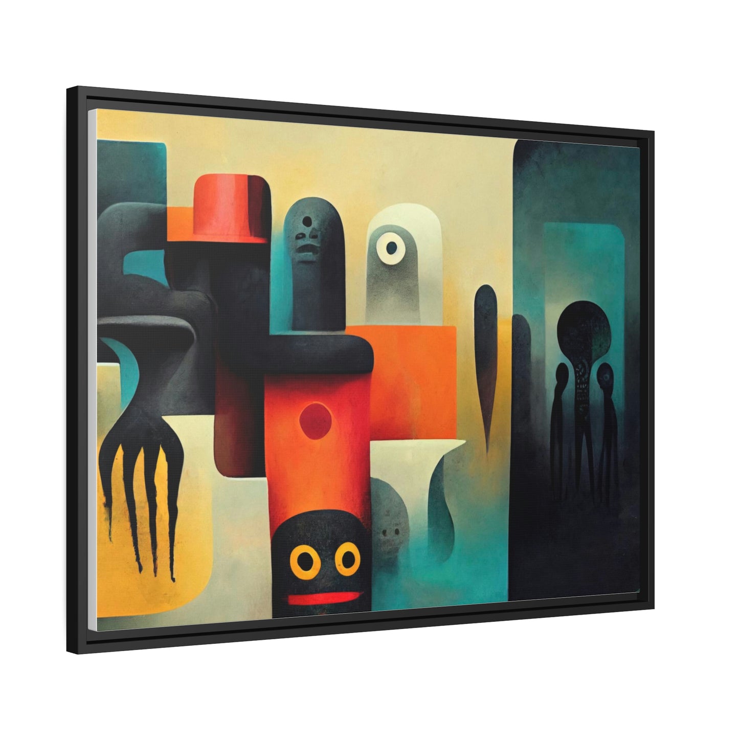 Framed canvas wall art of surreal abstract painting in the style of primitive abstraction ethnic motives of african tribes