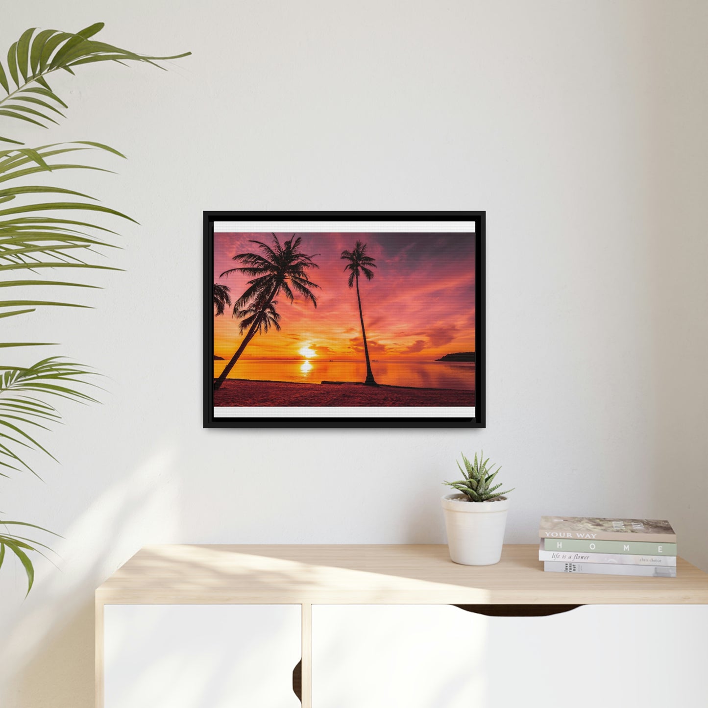 Tropical Serenity: Sunset Time Canvas Wall Art with Coconut Palm-Tree in Black Frame