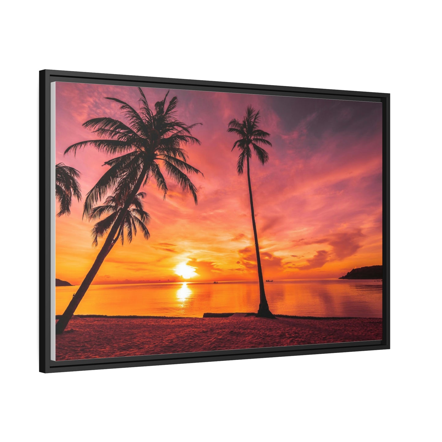 Tropical Serenity: Sunset Time Canvas Wall Art with Coconut Palm-Tree in Black Frame