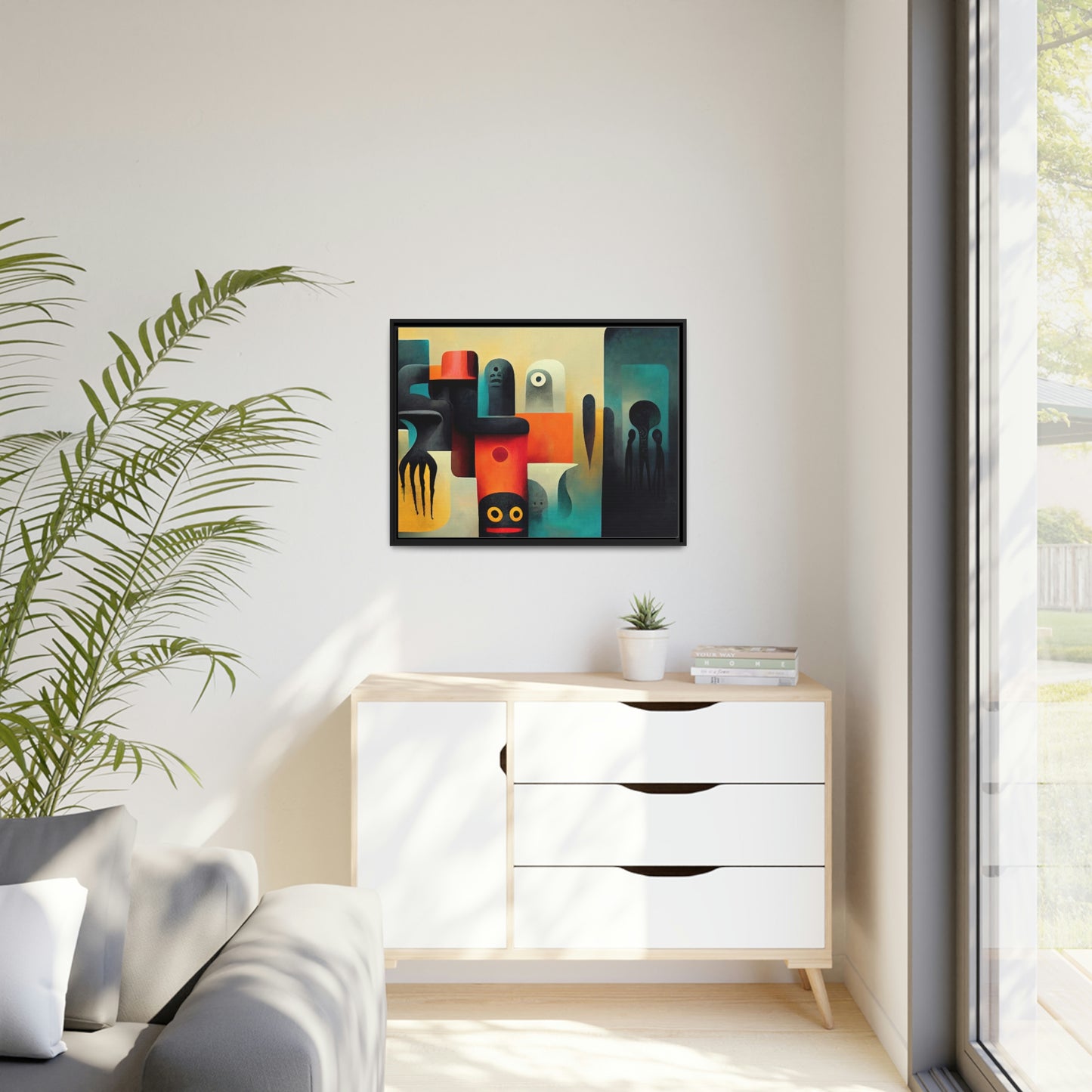 Framed canvas wall art of surreal abstract painting in the style of primitive abstraction ethnic motives of african tribes