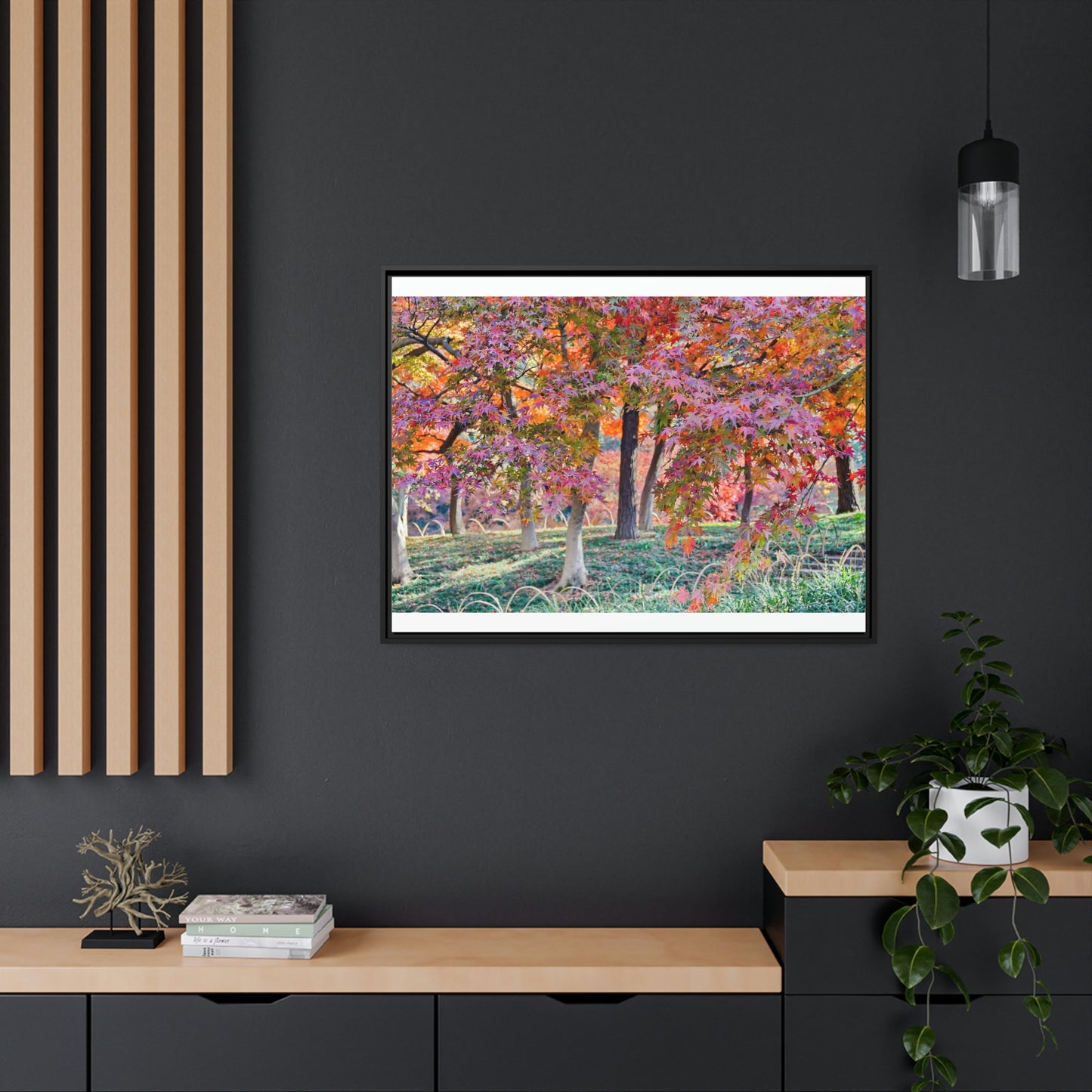 Sun-kissed Foliage" - Vibrant Framed Canvas Wall Art of Colourful Leaves on Trees in Sunlight