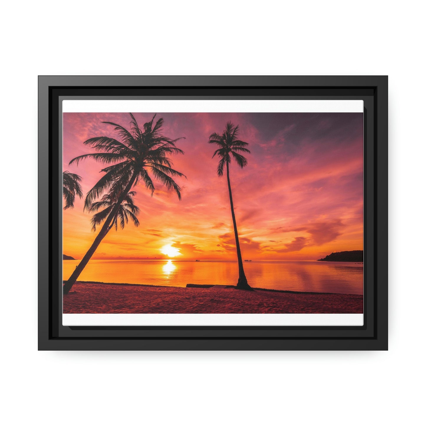 Tropical Serenity: Sunset Time Canvas Wall Art with Coconut Palm-Tree in Black Frame