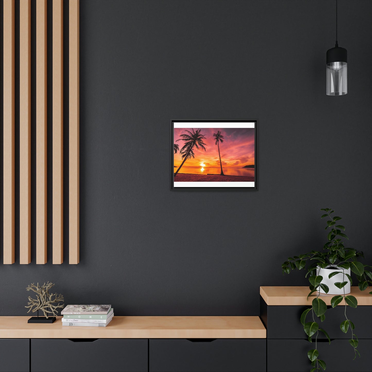 Tropical Serenity: Sunset Time Canvas Wall Art with Coconut Palm-Tree in Black Frame