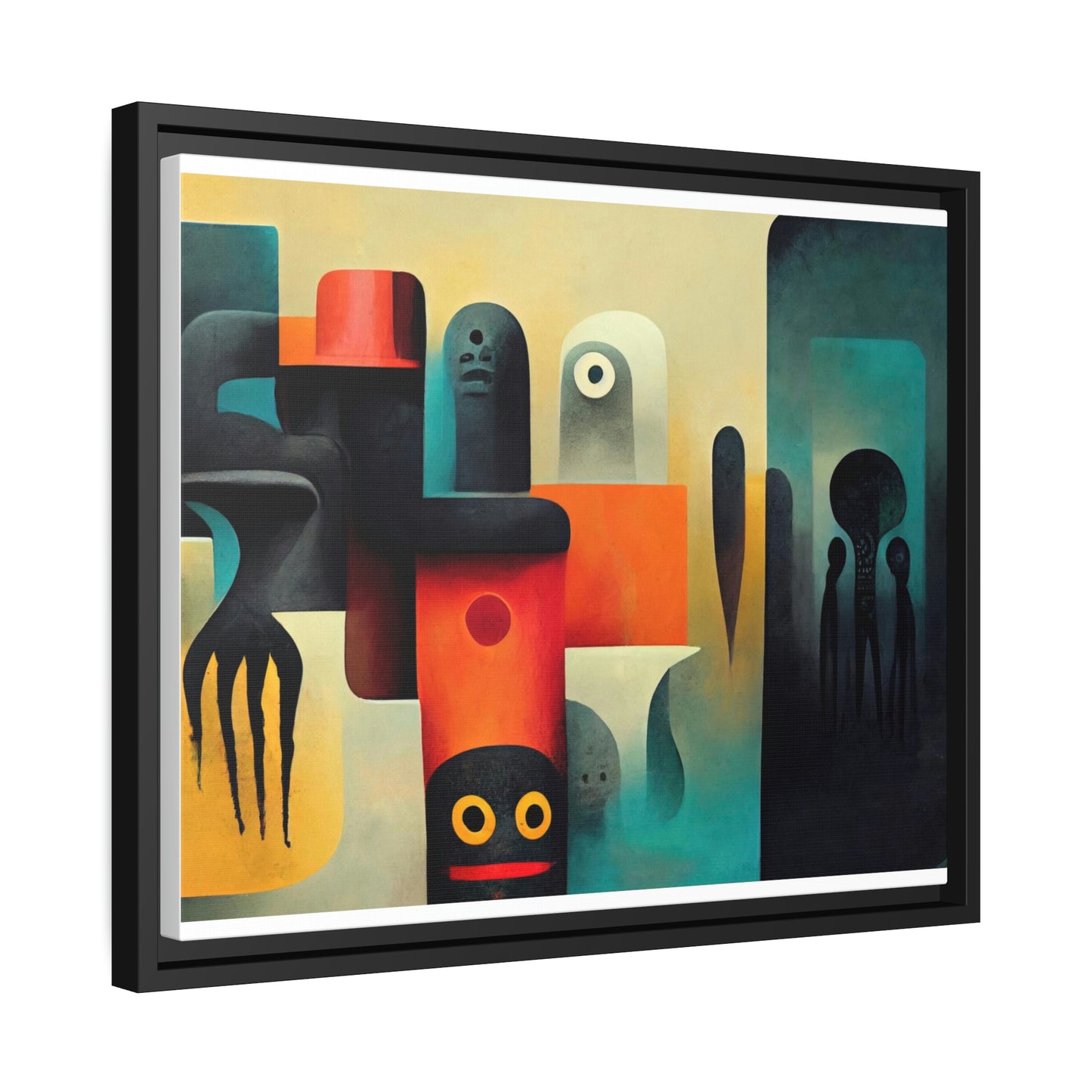 Framed canvas wall art of surreal abstract painting in the style of primitive abstraction ethnic motives of african tribes