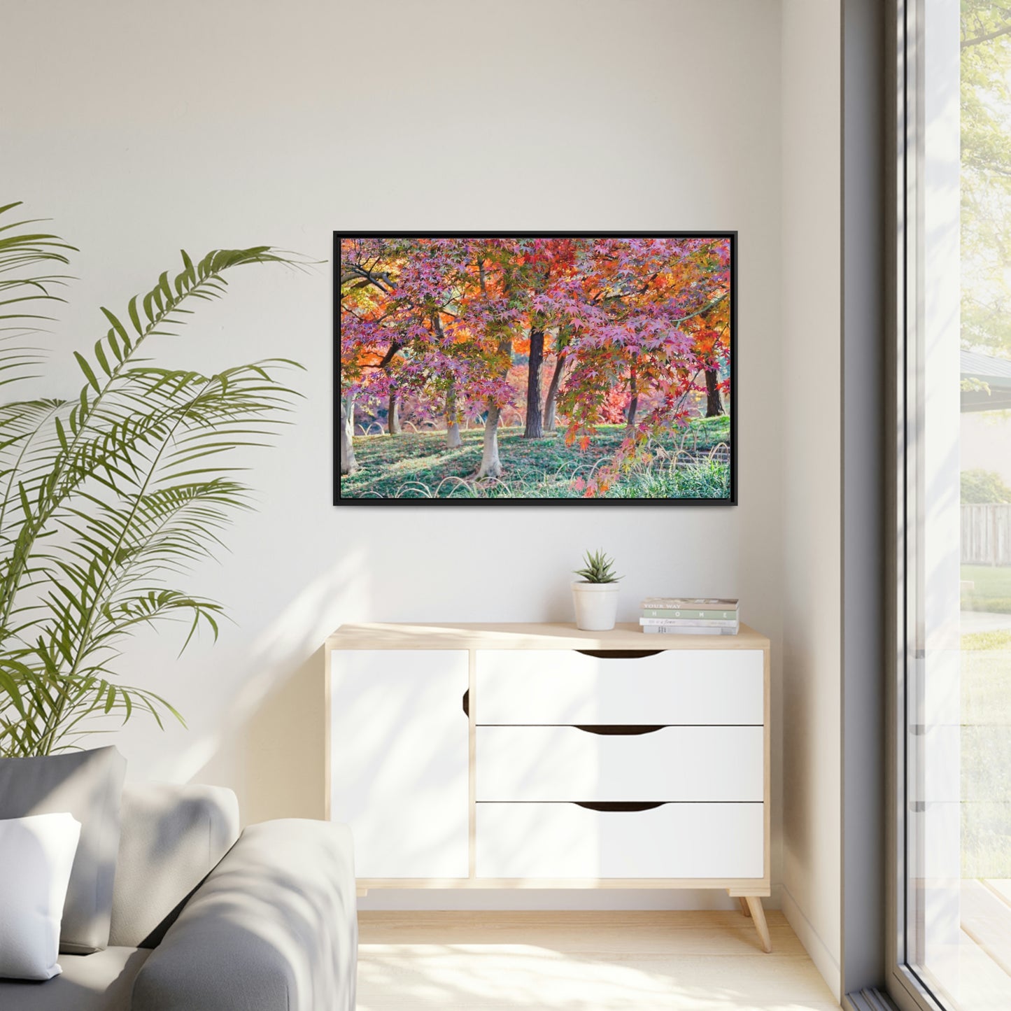 Sun-kissed Foliage" - Vibrant Framed Canvas Wall Art of Colourful Leaves on Trees in Sunlight