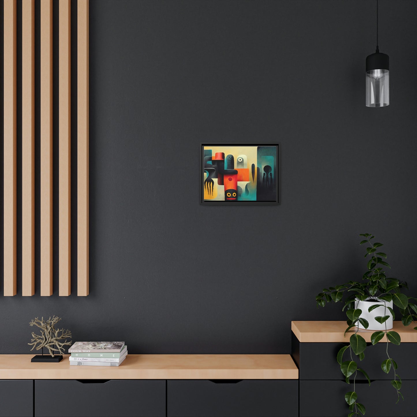 Framed canvas wall art of surreal abstract painting in the style of primitive abstraction ethnic motives of african tribes