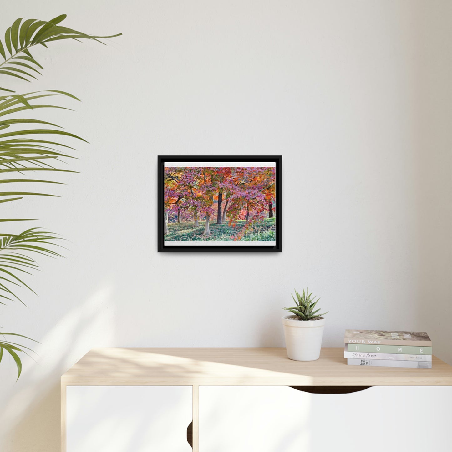 Sun-kissed Foliage" - Vibrant Framed Canvas Wall Art of Colourful Leaves on Trees in Sunlight