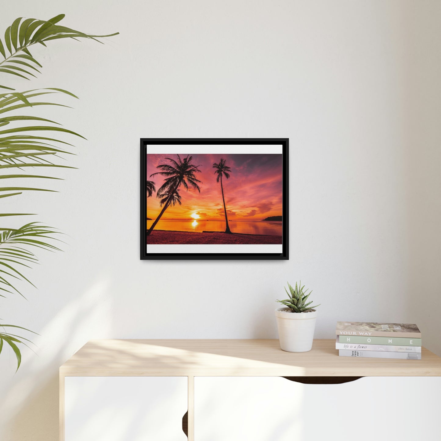 Tropical Serenity: Sunset Time Canvas Wall Art with Coconut Palm-Tree in Black Frame