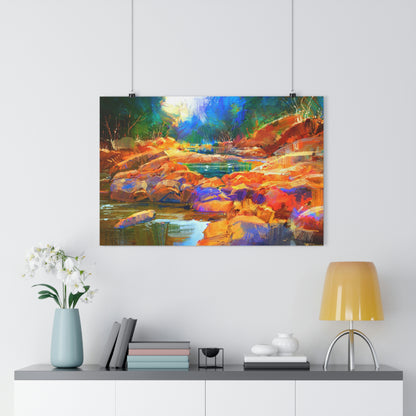 Beautiful fall river lines with colorful stones in autumn forest - Giclée Art Print