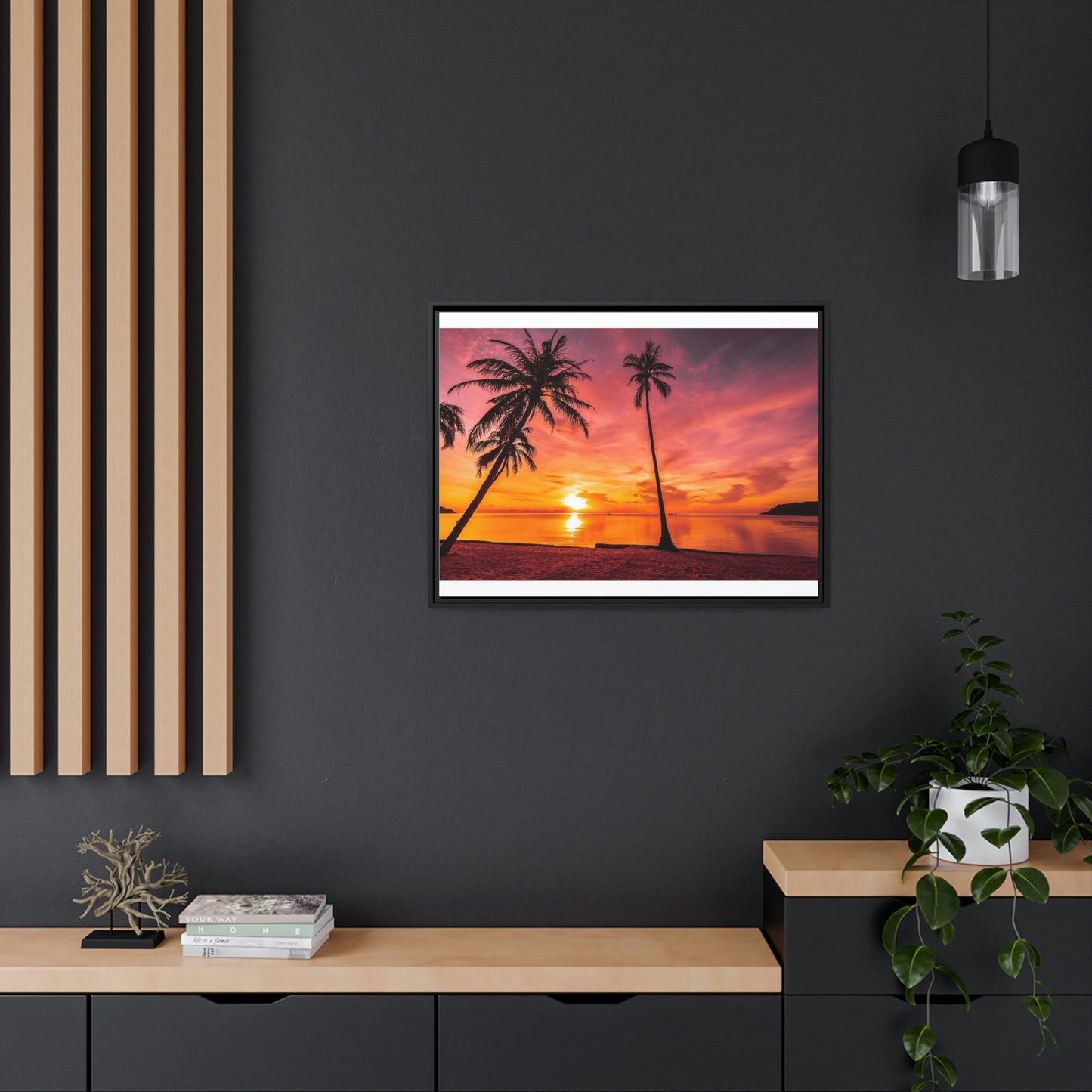 Tropical Serenity: Sunset Time Canvas Wall Art with Coconut Palm-Tree in Black Frame