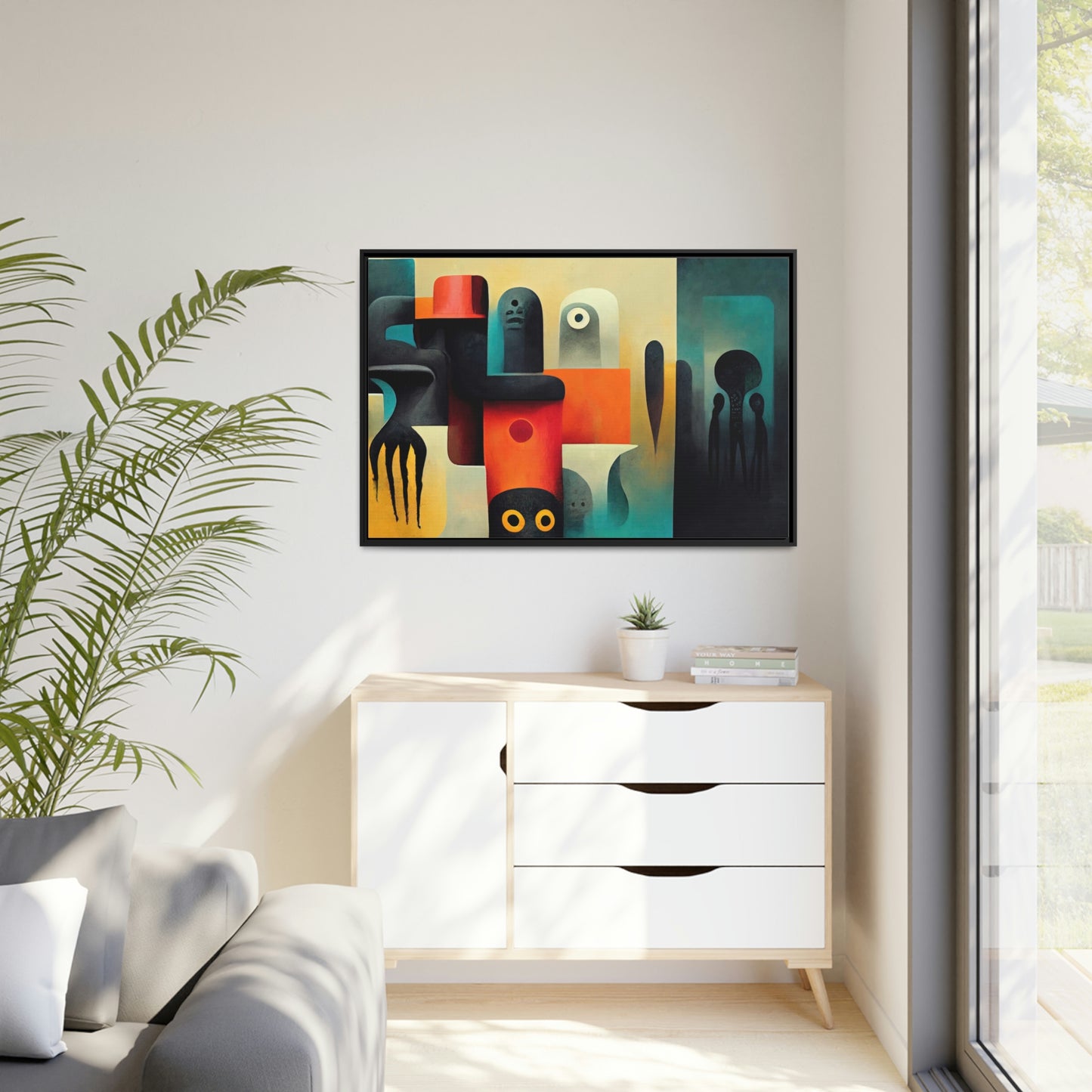 Framed canvas wall art of surreal abstract painting in the style of primitive abstraction ethnic motives of african tribes