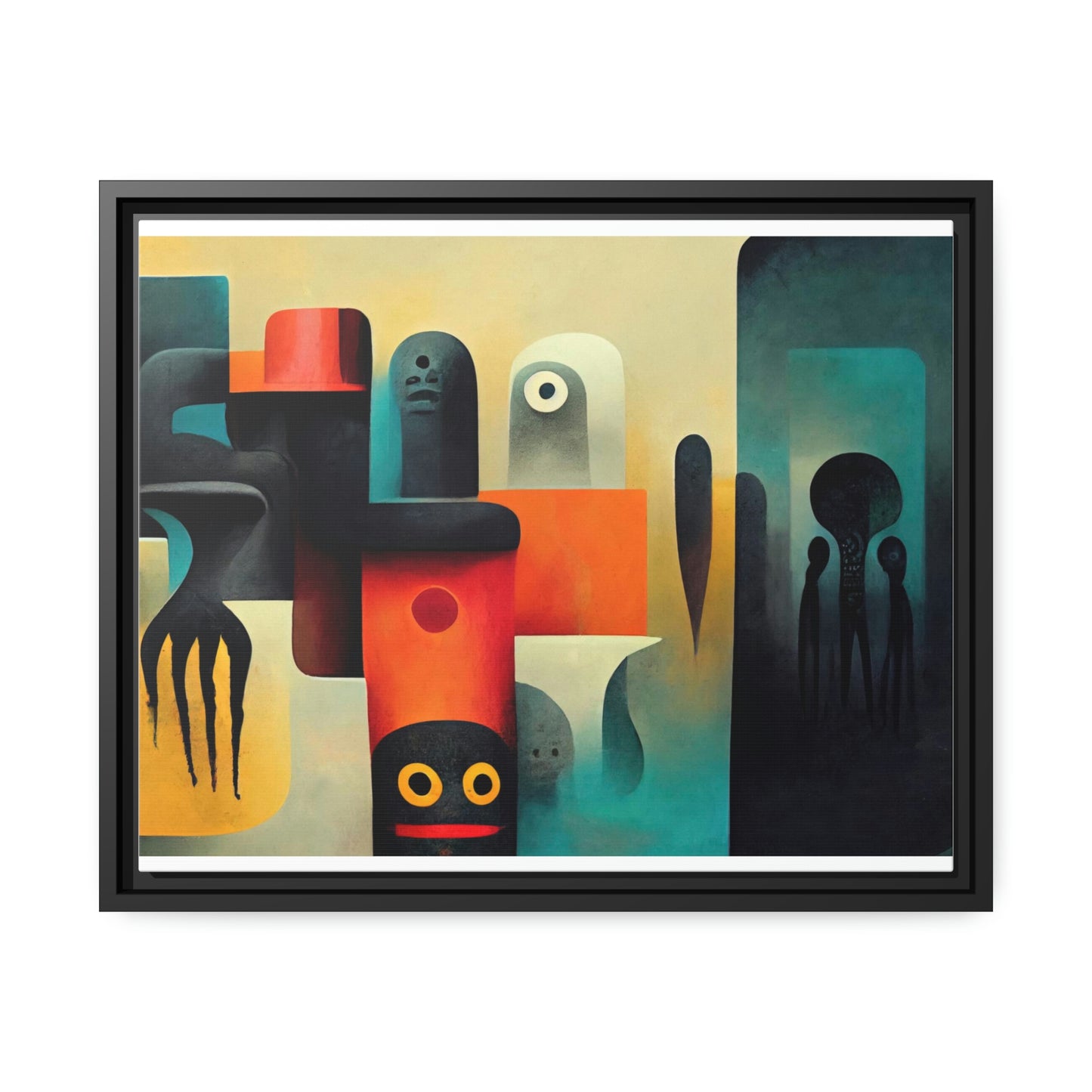 Framed canvas wall art of surreal abstract painting in the style of primitive abstraction ethnic motives of african tribes