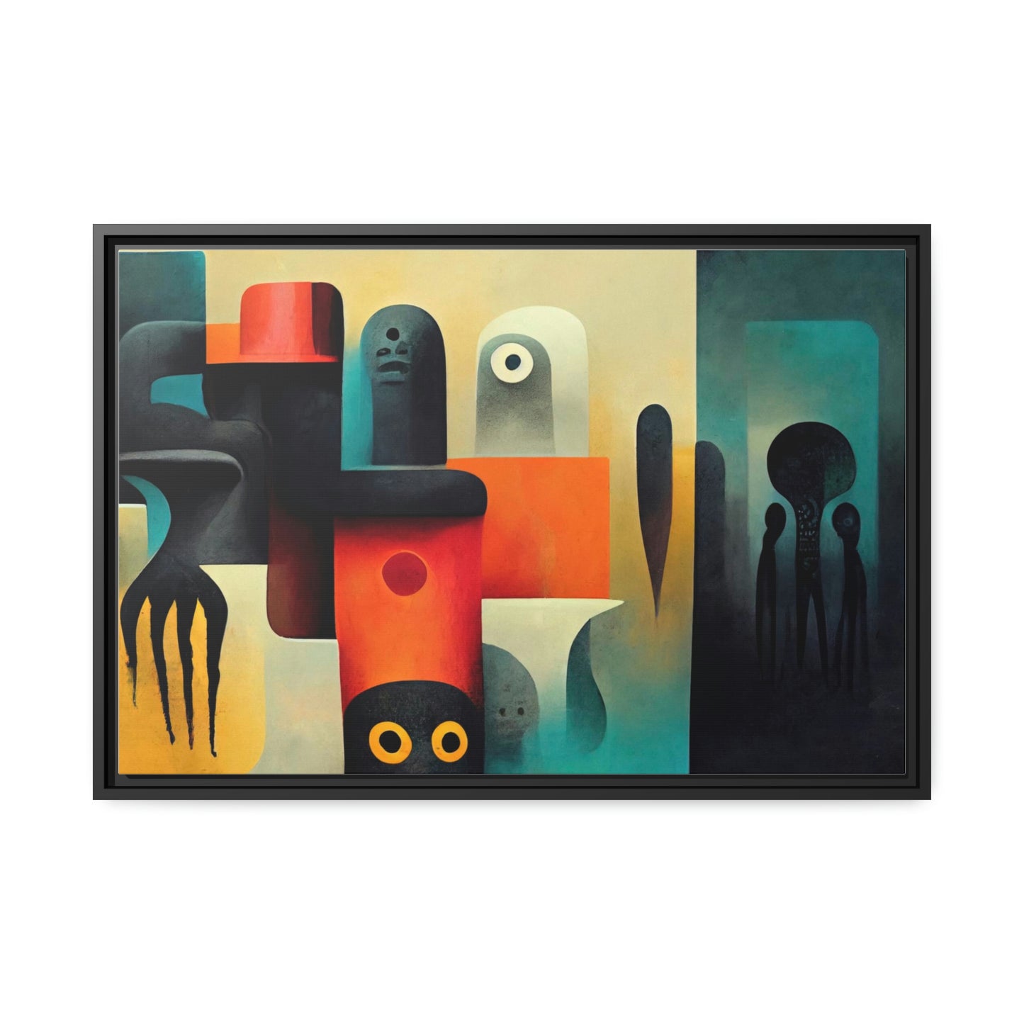 Framed canvas wall art of surreal abstract painting in the style of primitive abstraction ethnic motives of african tribes