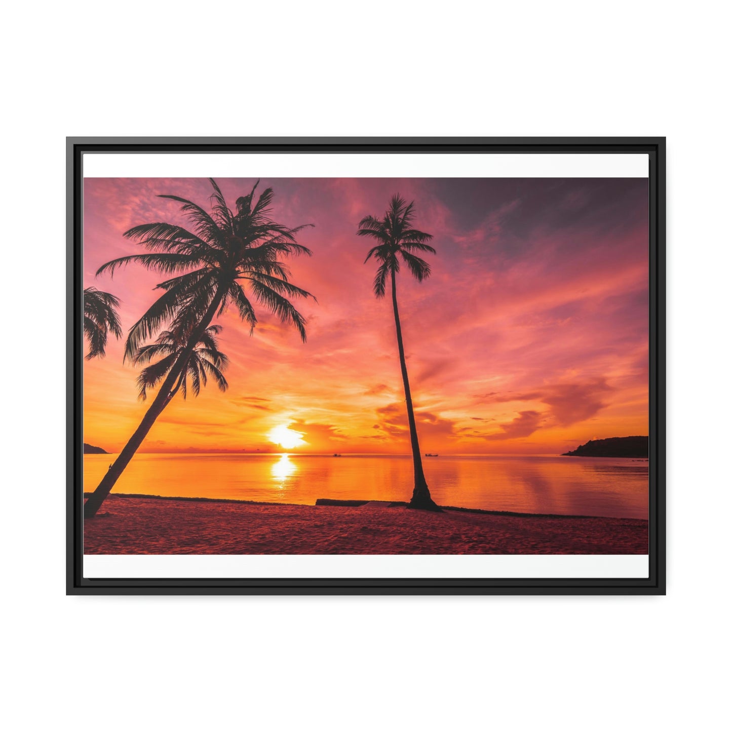 Tropical Serenity: Sunset Time Canvas Wall Art with Coconut Palm-Tree in Black Frame