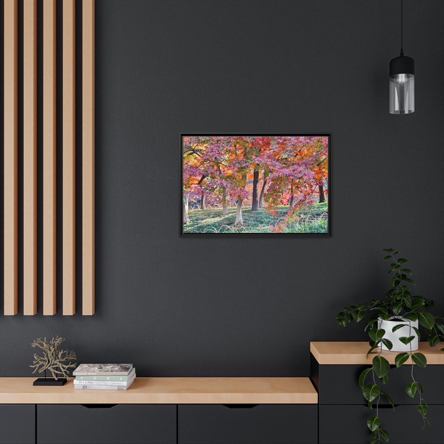 Sun-kissed Foliage" - Vibrant Framed Canvas Wall Art of Colourful Leaves on Trees in Sunlight