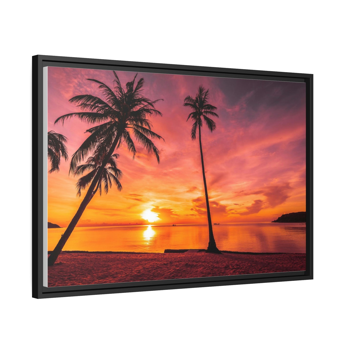 Tropical Serenity: Sunset Time Canvas Wall Art with Coconut Palm-Tree in Black Frame