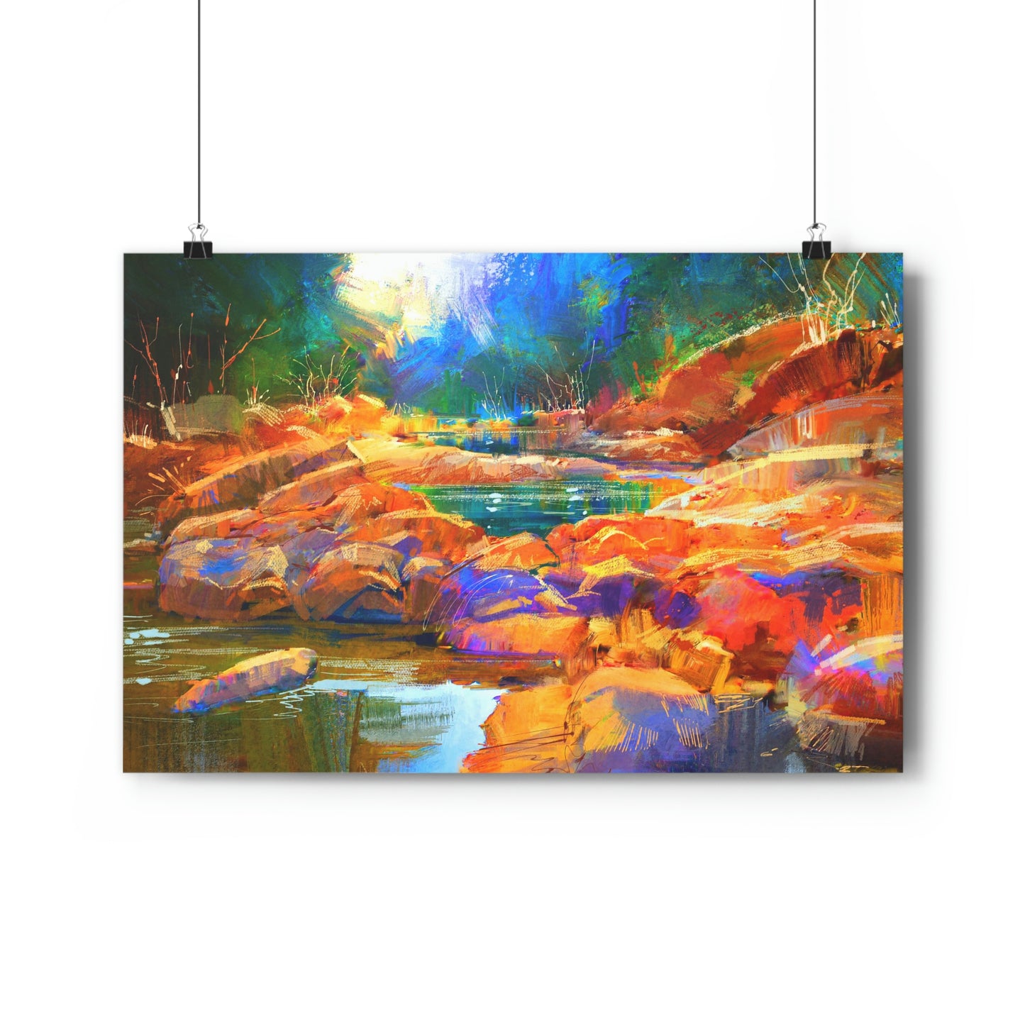 Beautiful fall river lines with colorful stones in autumn forest - Giclée Art Print