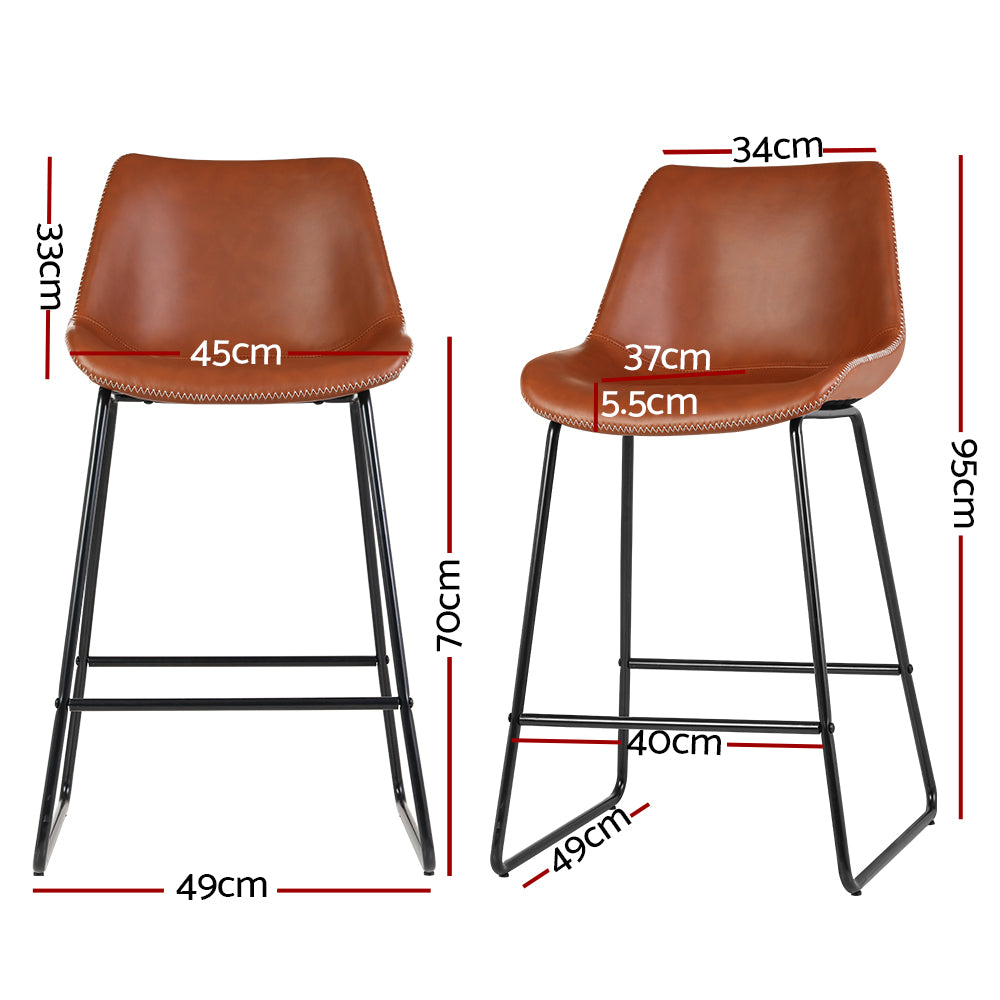 Set of 2 Bar Stools Kitchen Metal Bar Stool Dining Chairs PU Leather Brown