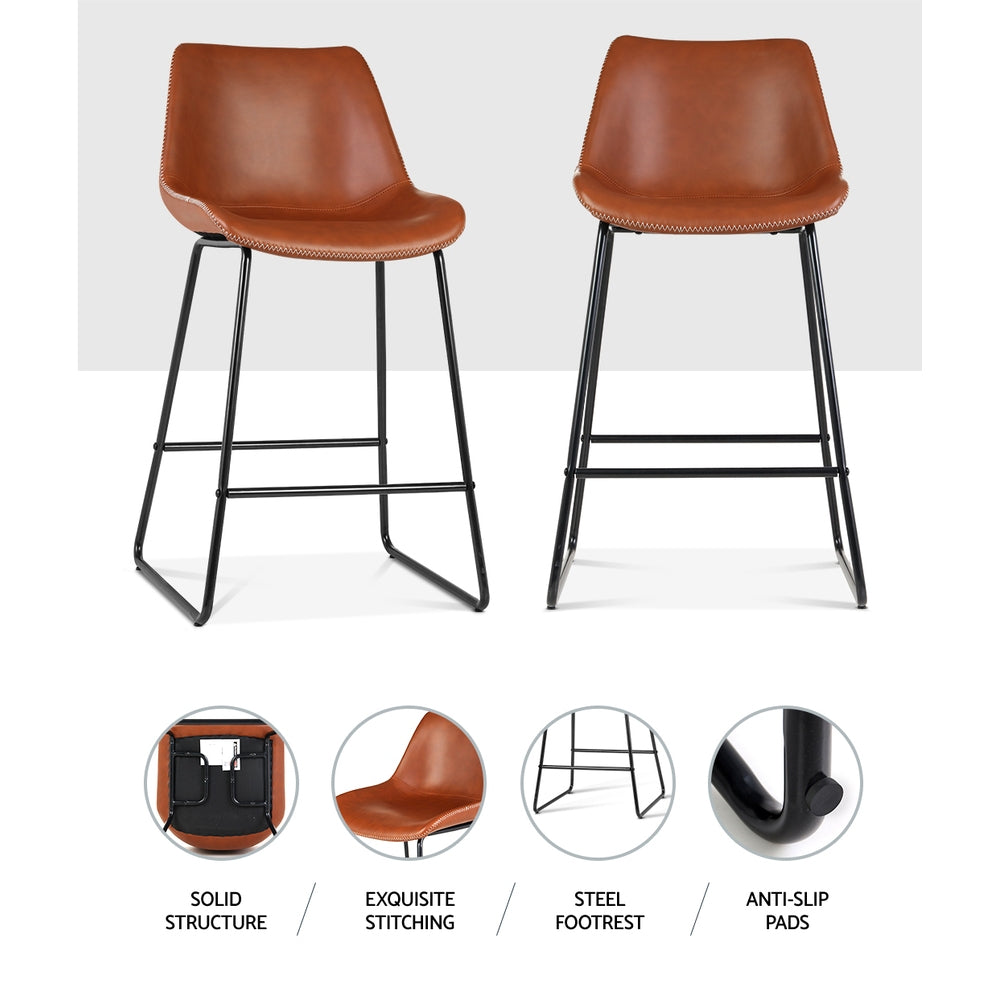 Set of 2 Bar Stools Kitchen Metal Bar Stool Dining Chairs PU Leather Brown