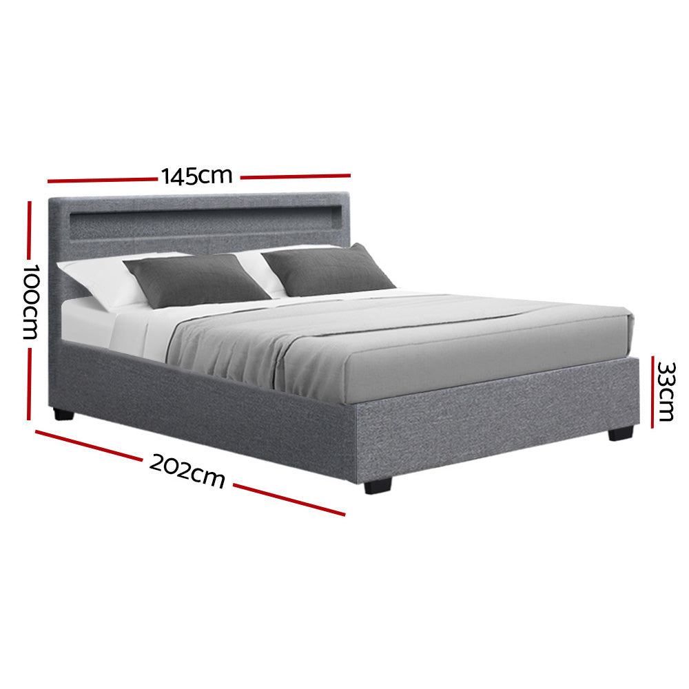 Artiss Bed Frame Double Size Gas Lift RGB LED Bedbase Grey Cole