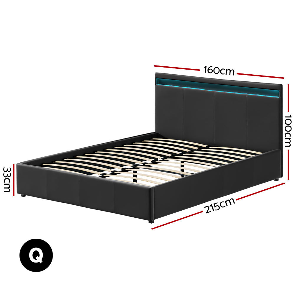 Artiss Cole LED Bed Frame PU Leather Gas Lift Storage - Black Queen