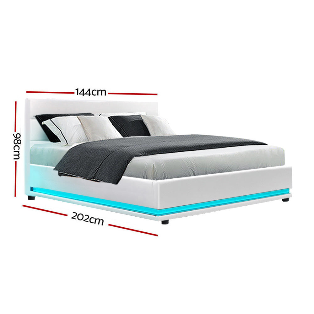 Double Bed Frame Leather Gas Lift With Storage & LED Light