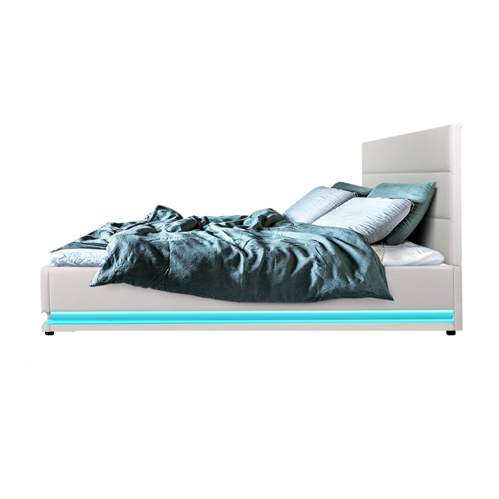 Double Bed Frame Leather Gas Lift With Storage & LED Light