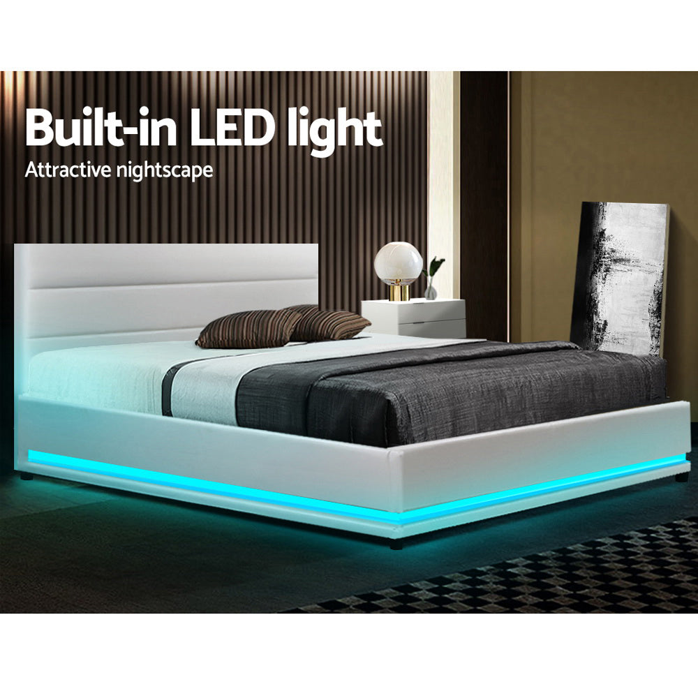 Double Bed Frame Leather Gas Lift With Storage & LED Light