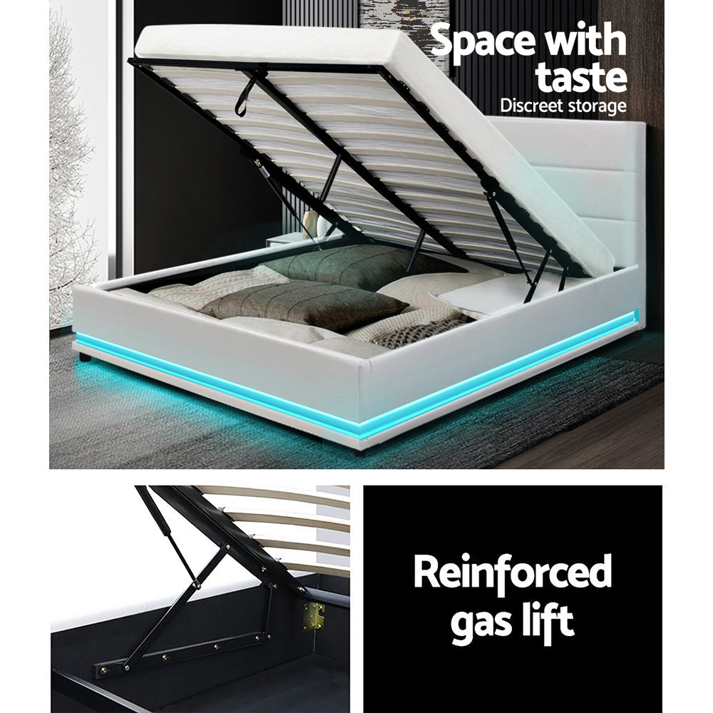 Double Bed Frame Leather Gas Lift With Storage & LED Light