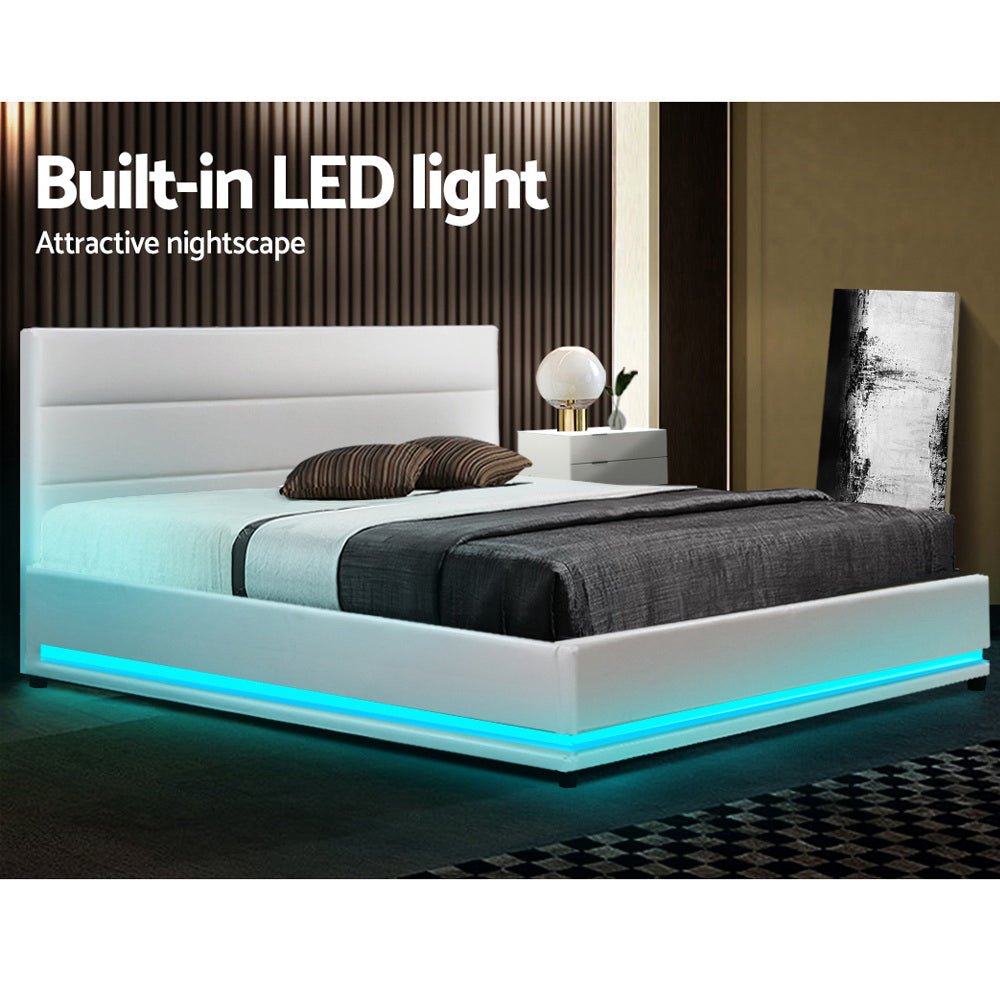 Artiss Lumi LED Bed Frame PU Leather Gas Lift Storage - White Queen