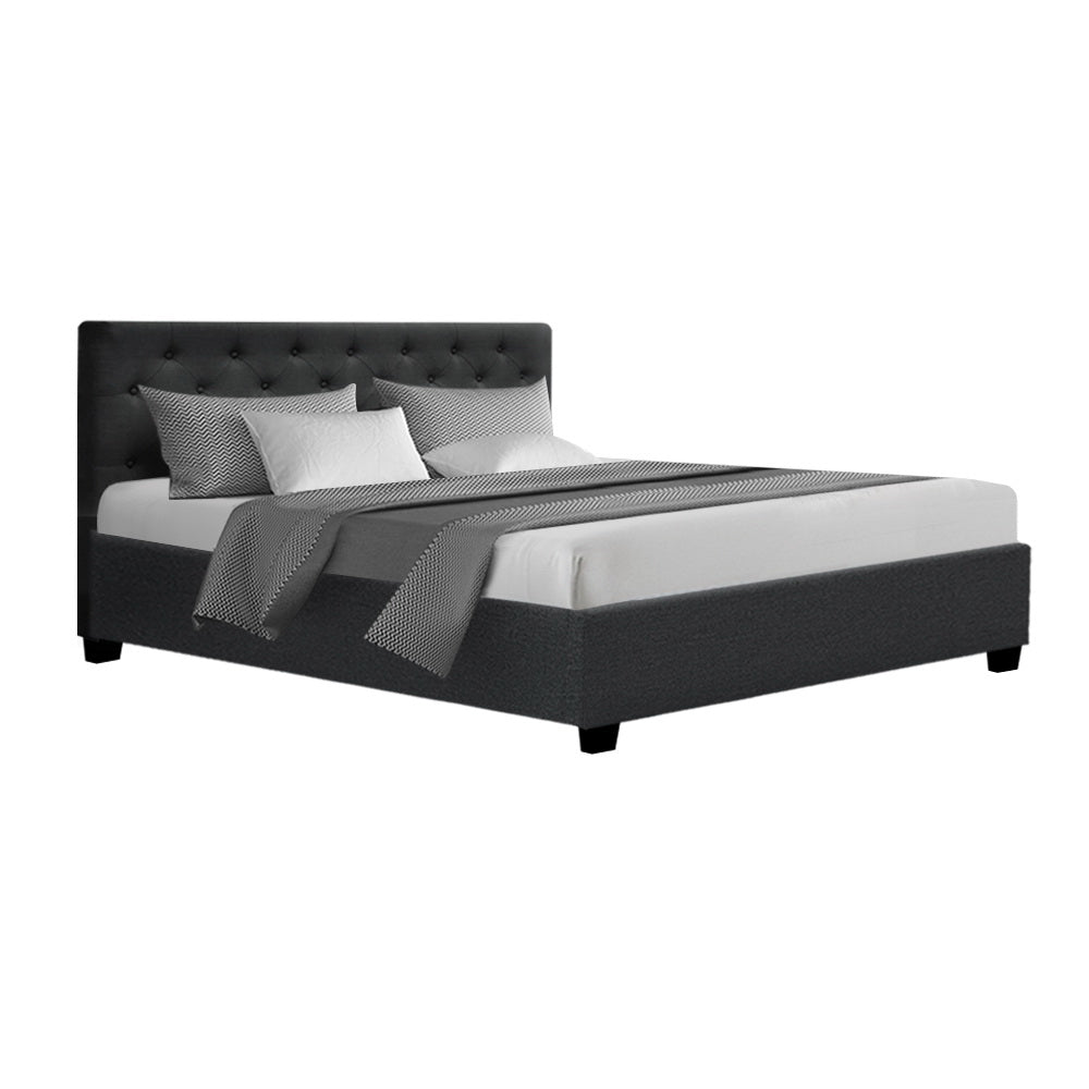 Artiss Vila Bed Frame Fabric Gas Lift Storage - Charcoal Queen