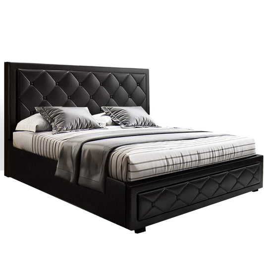 Bed Frame Double Size Gas Lift Base With Storage Black Leather