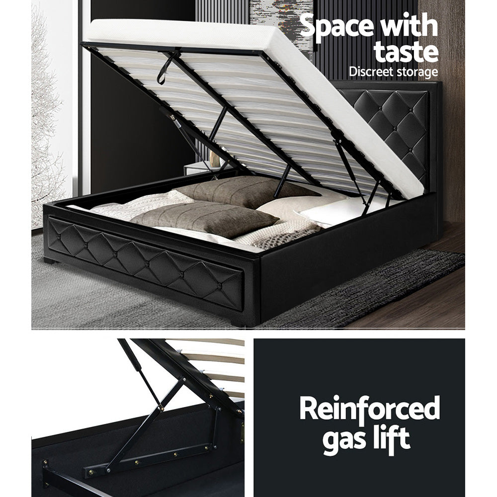 Bed Frame Double Size Gas Lift Base With Storage Black Leather