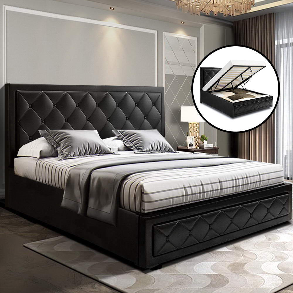 Bed Frame Double Size Gas Lift Base With Storage Black Leather