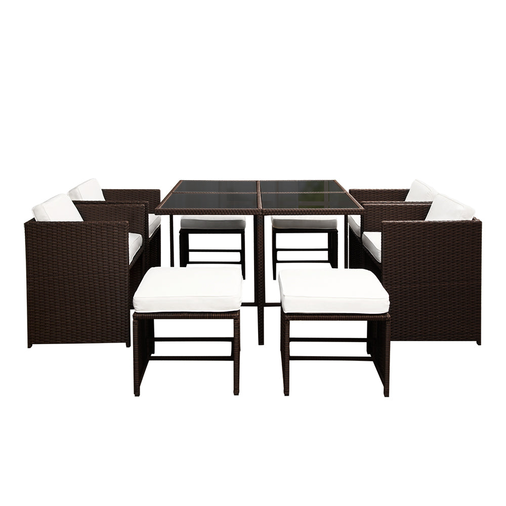 Gardeon 9 Piece Wicker Outdoor Dining Set - Brown & White