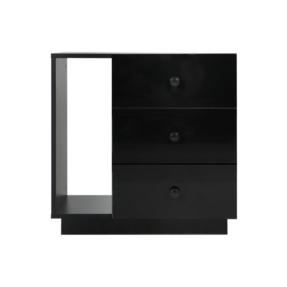 Artiss Bedside Tables Side Table RGB LED 3 Drawers Nightstand High Gloss Black