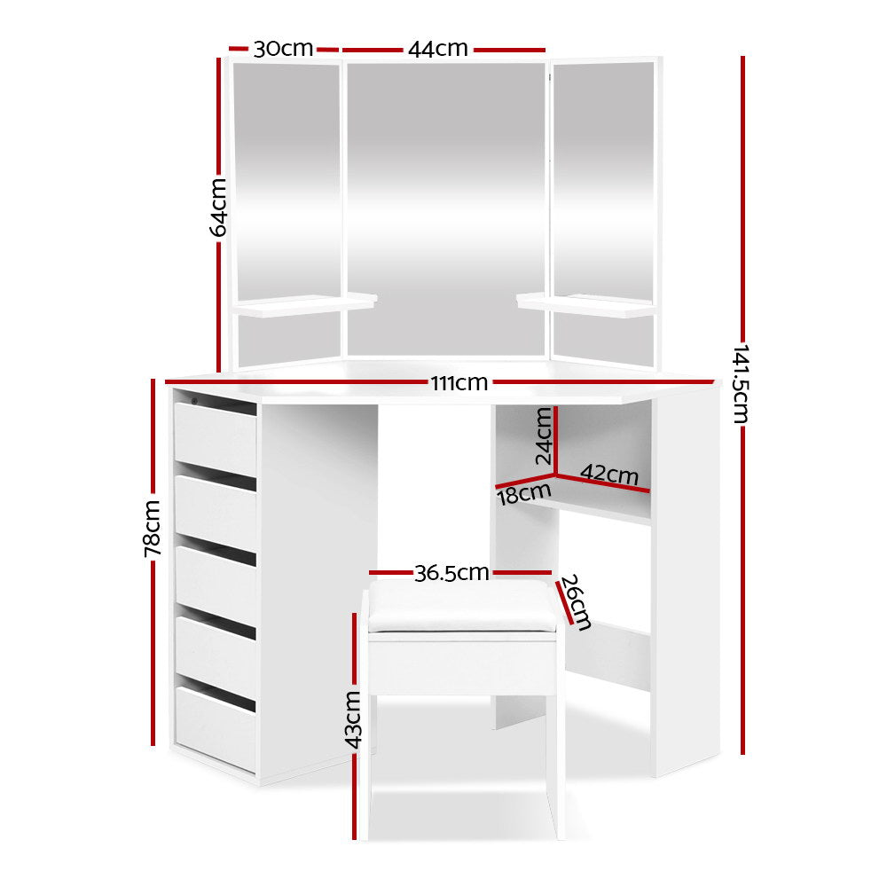 Artiss Corner Dressing Table With Mirror Stool White Mirrors Makeup Tables Chair