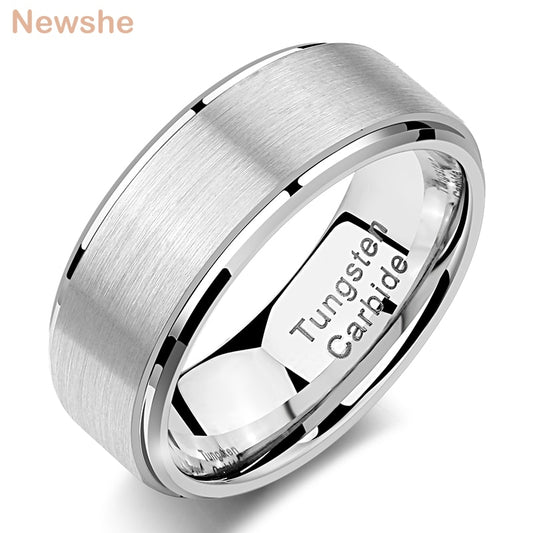 Newshe 8mm Wide Matte Brushed Tungsten Carbide Wedding Bands for Men Silver Color Charm Rings Trendy Jewelry Size 8-13