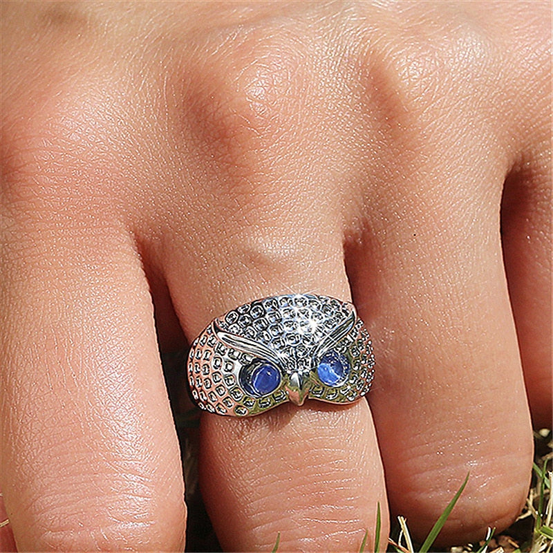 Cute Rhinestone Owl Blue Eyes Ring Adjustable