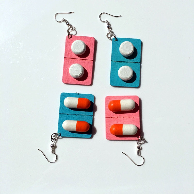 Whimsical Wooden Pill Capsule Earrings: Quirky Fashion for Party-Goers, Teens, and Unique Style Lovers