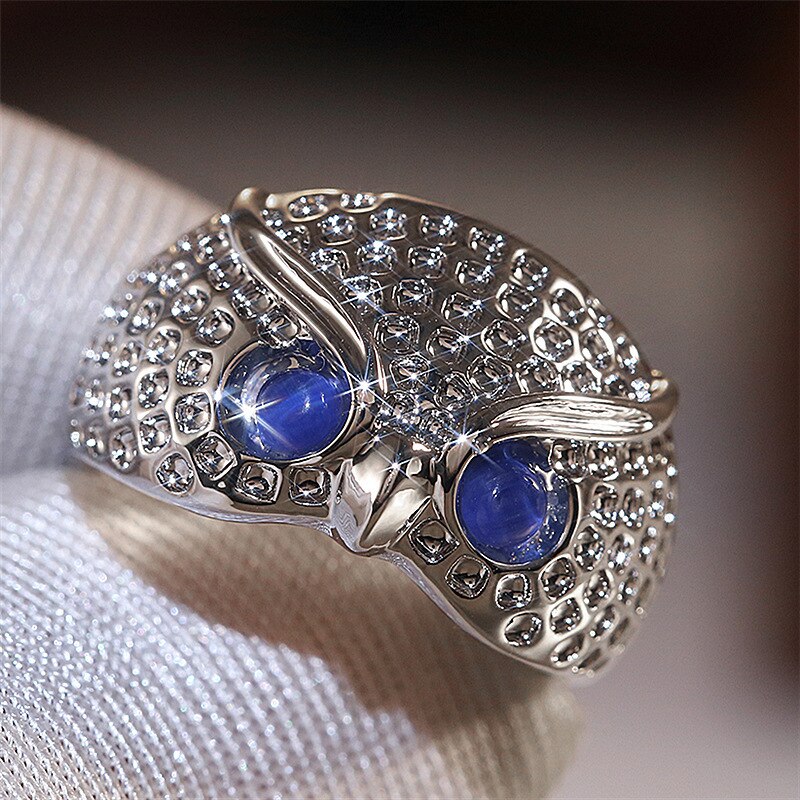 Cute Rhinestone Owl Blue Eyes Ring Adjustable