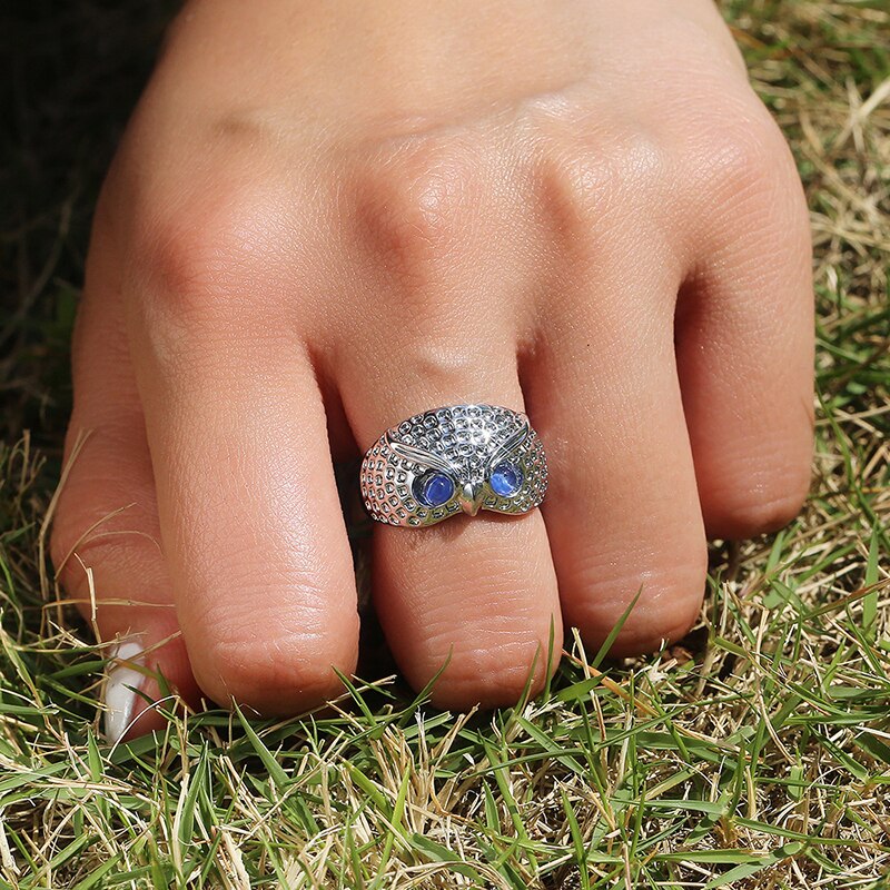 Cute Rhinestone Owl Blue Eyes Ring Adjustable