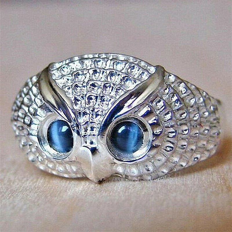 Cute Rhinestone Owl Blue Eyes Ring Adjustable