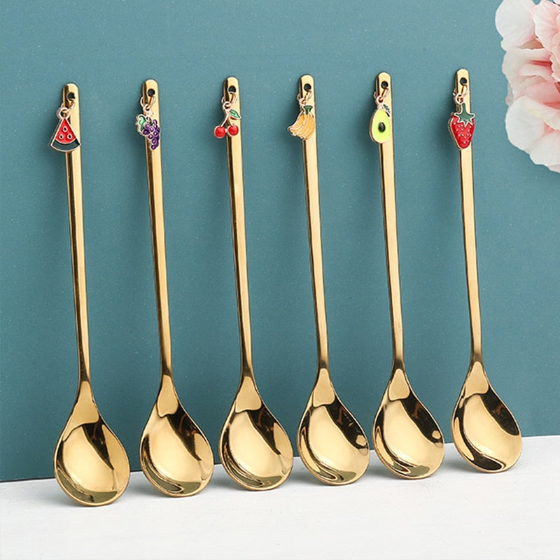 Stainless Steel Spoons Stirring Spoon with Fruit Pendant Coffee Mixing Spoon Dessert Spoon Table Decor Party Gift Kitchen Tool