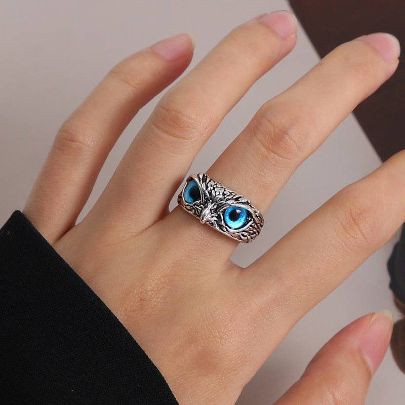 Cute Rhinestone Owl Blue Eyes Ring Adjustable