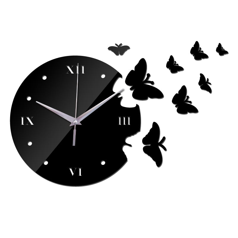 Europe-Style Wall Clocks with Butterfly Decoration, Acrylic Material and Quartz Movement, DIY Mirror Sticker Design for Living Room Decor