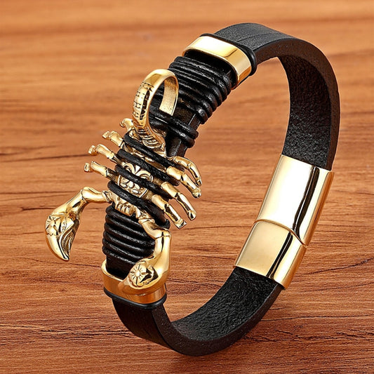 Savage Sting: Bold Leather and Stainless Steel Scorpion Bracelet for Men, Fashionably Rugged Cuff Bangle Gift