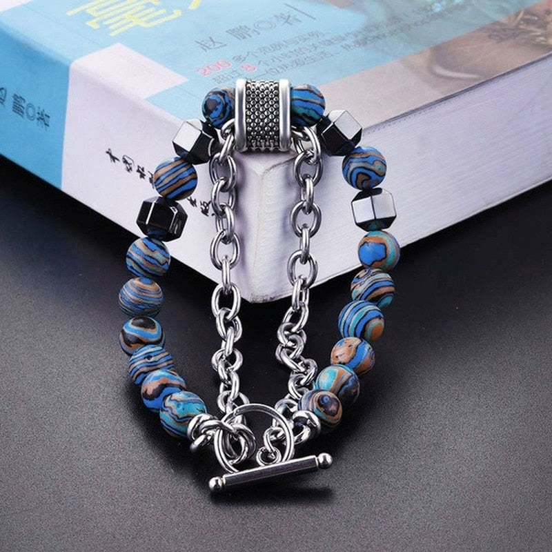 Men's Stainless Steel Beaded Bracelet Set with Biomagnetic Stones